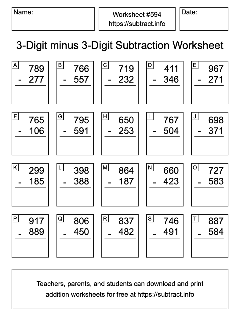 Subtraction Worksheet #594 (3-Digit minus 3-Digit)