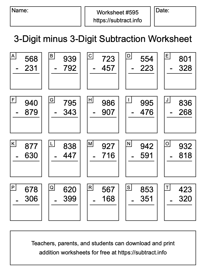 Subtraction Worksheet #595 (3-Digit minus 3-Digit)
