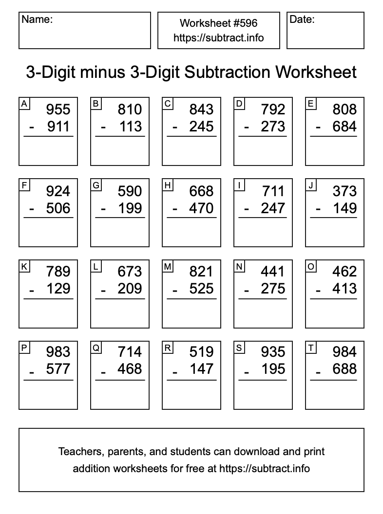 Subtraction Worksheet #596 (3-Digit minus 3-Digit)