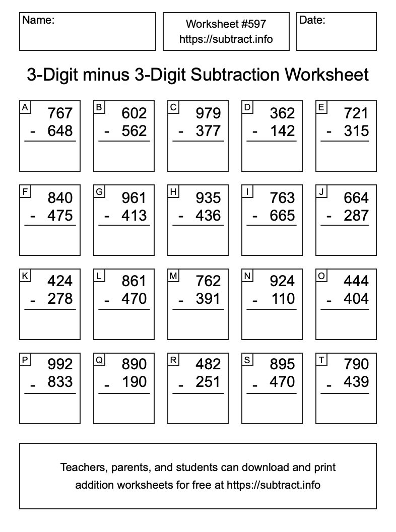 Subtraction Worksheet #597 (3-Digit minus 3-Digit)