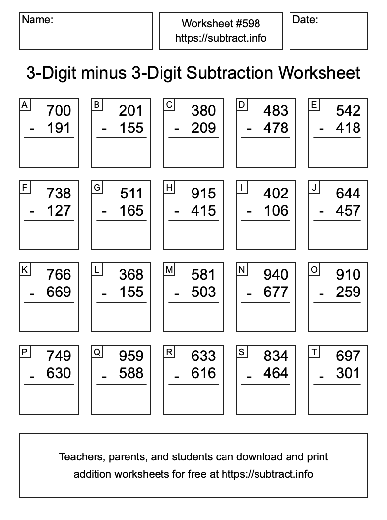 Subtraction Worksheet #598 (3-Digit minus 3-Digit)