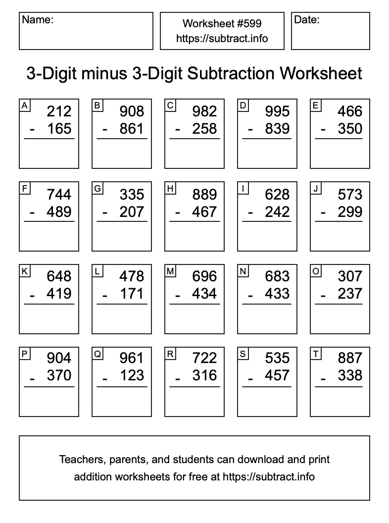 Subtraction Worksheet #599 (3-Digit minus 3-Digit)