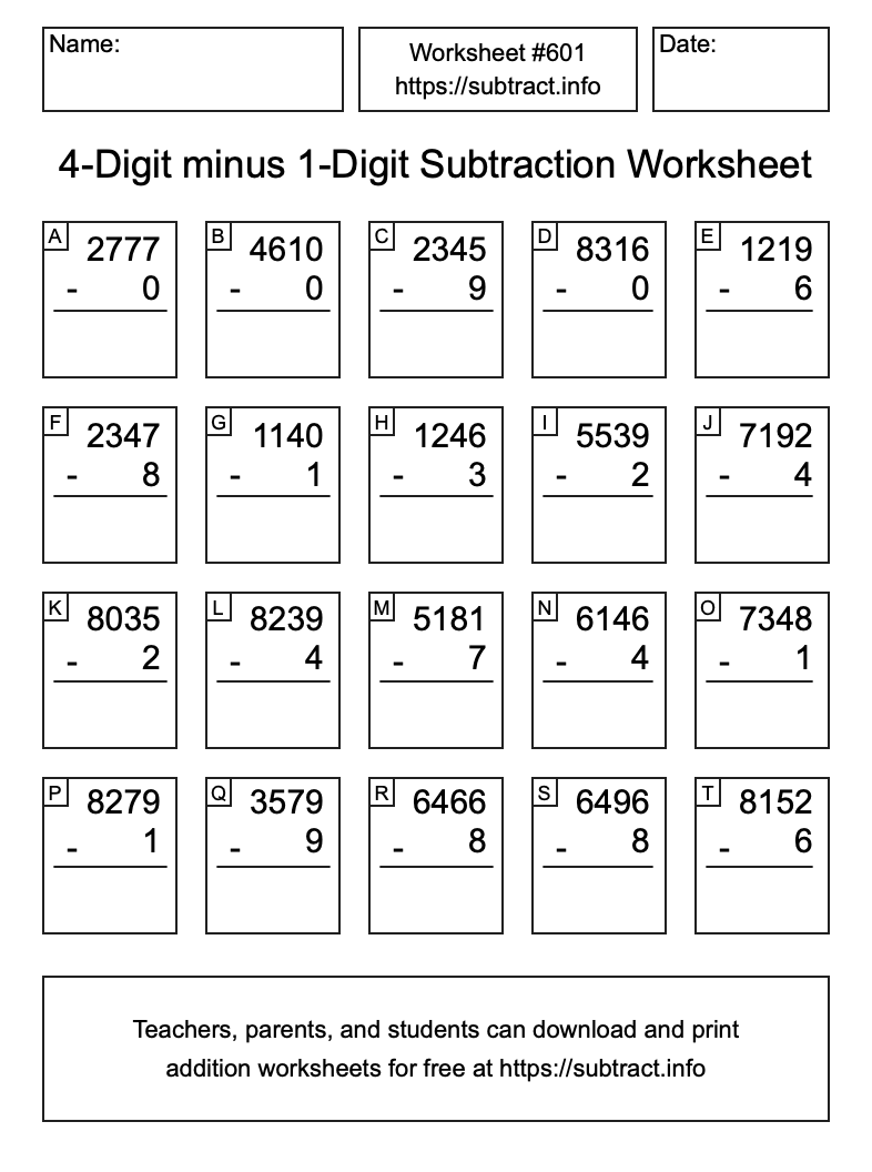 Subtraction Worksheet #601 (4-Digit minus 1-Digit)