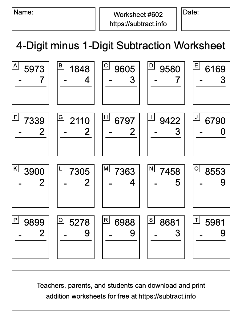 Subtraction Worksheet #602 (4-Digit minus 1-Digit)