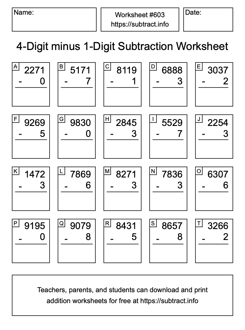 Subtraction Worksheet #603 (4-Digit minus 1-Digit)