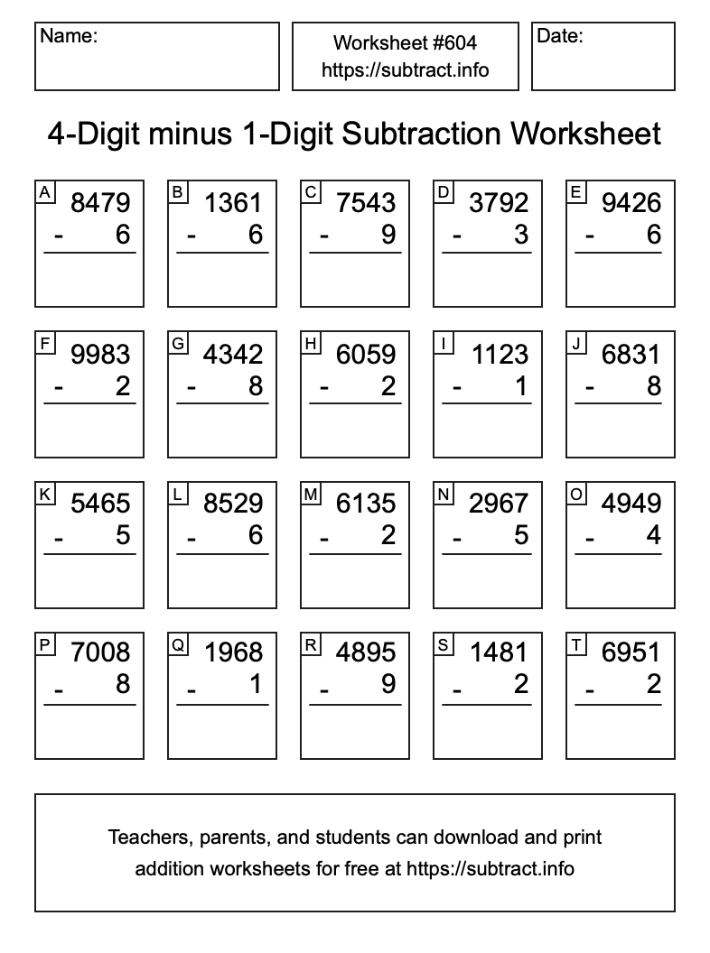 Subtraction Worksheet #604 (4-Digit minus 1-Digit)