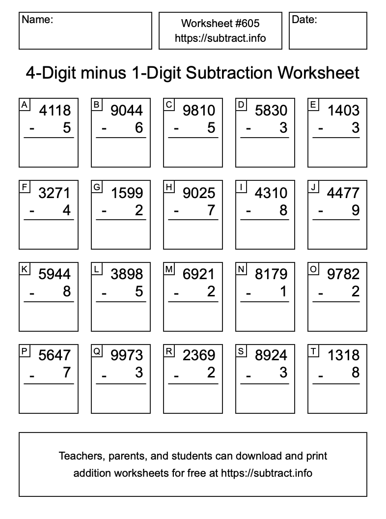 Subtraction Worksheet #605 (4-Digit minus 1-Digit)