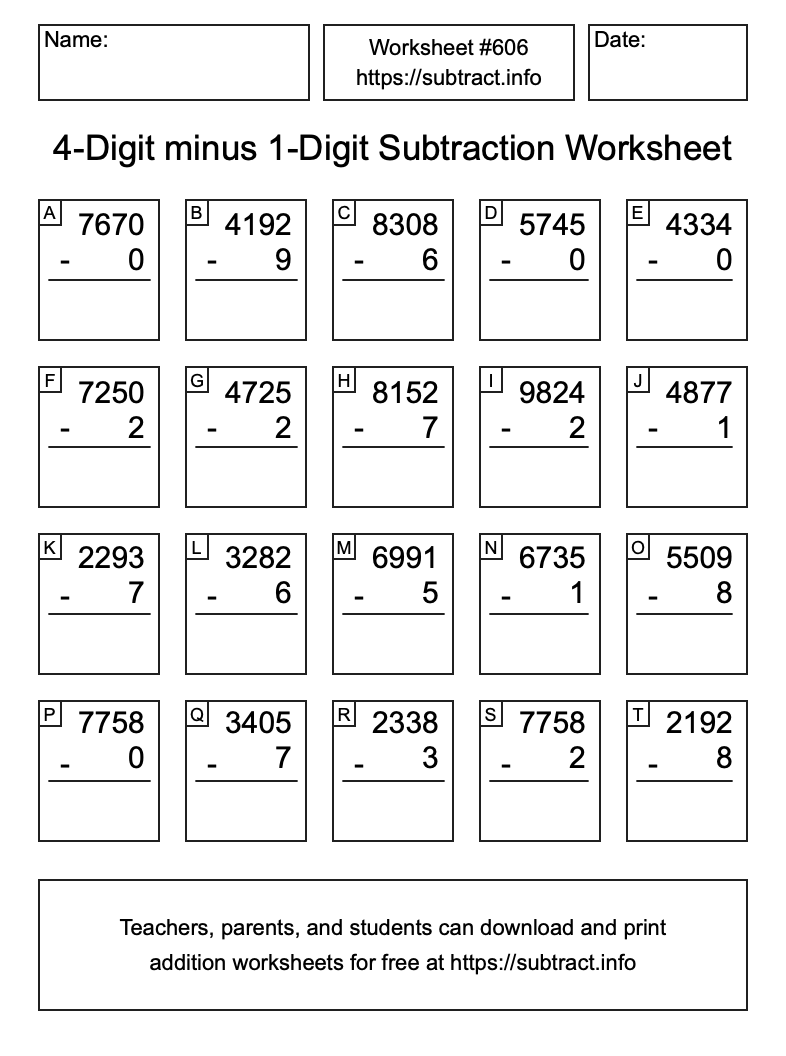 Subtraction Worksheet #606 (4-Digit minus 1-Digit)