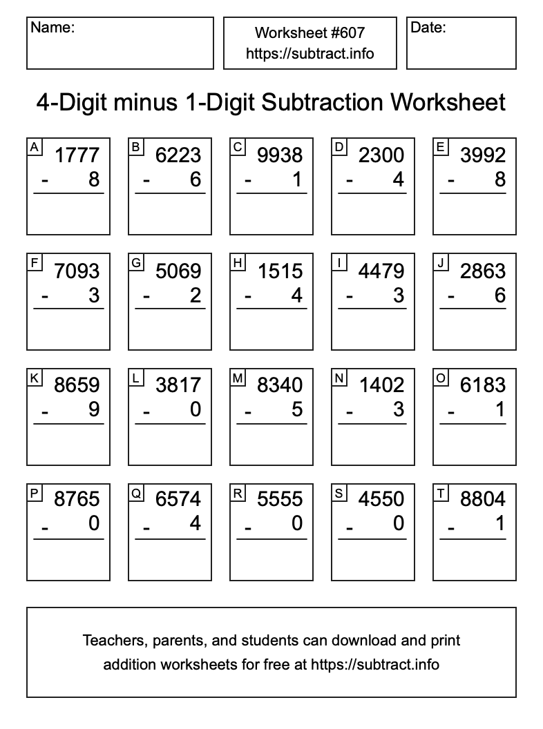 Subtraction Worksheet #607 (4-Digit minus 1-Digit)