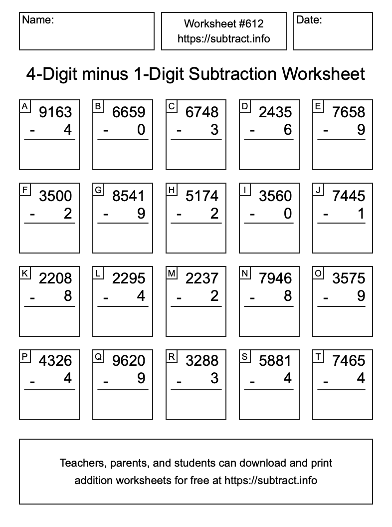 Subtraction Worksheet #612 (4-Digit minus 1-Digit)
