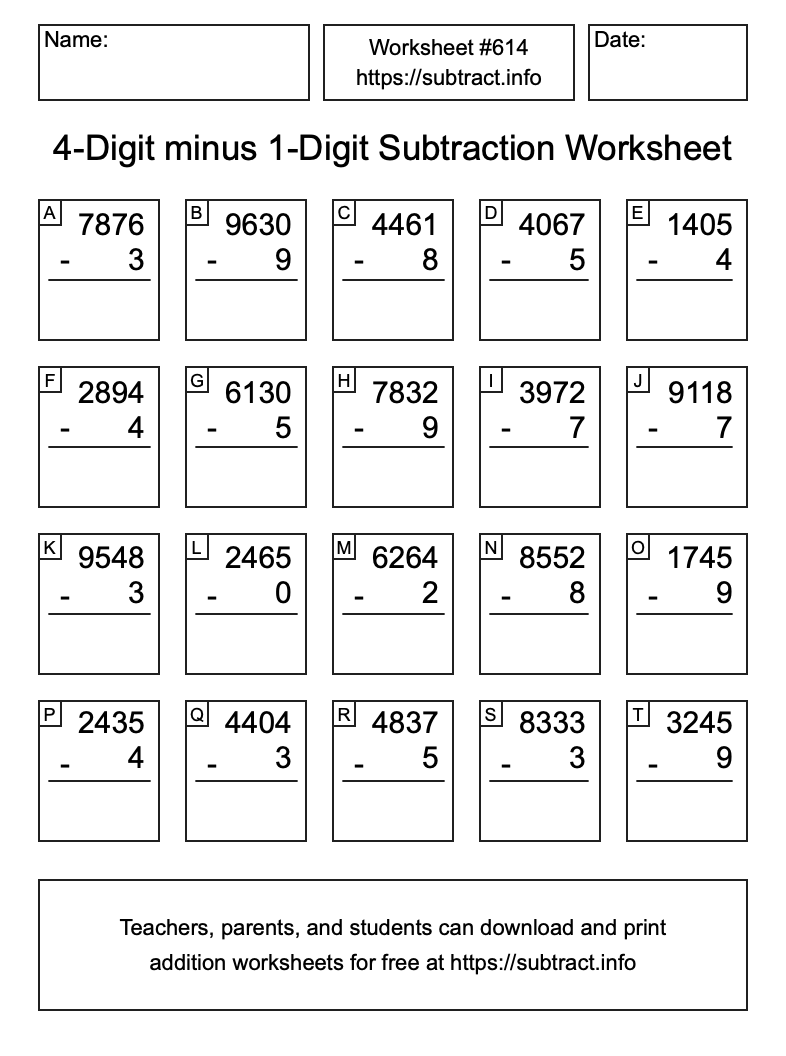 Subtraction Worksheet #614 (4-Digit minus 1-Digit)