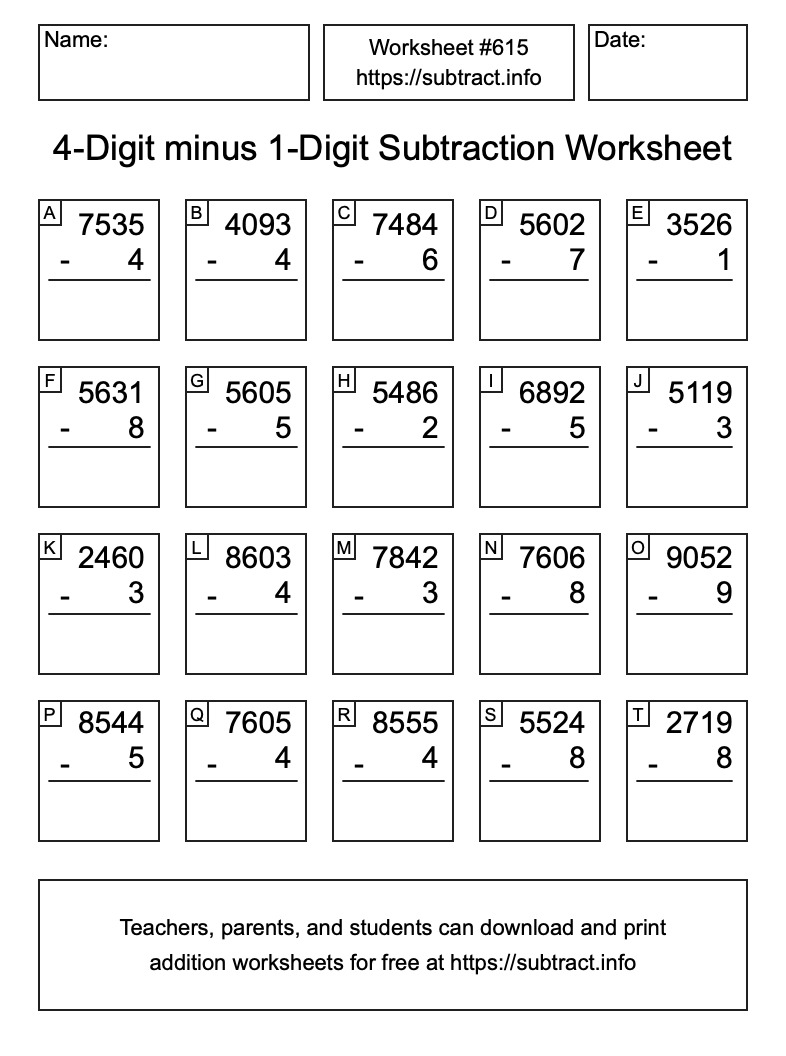 Subtraction Worksheet #615 (4-Digit minus 1-Digit)