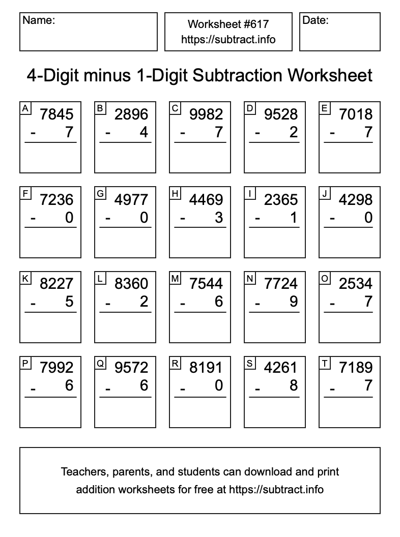 Subtraction Worksheet #617 (4-Digit minus 1-Digit)