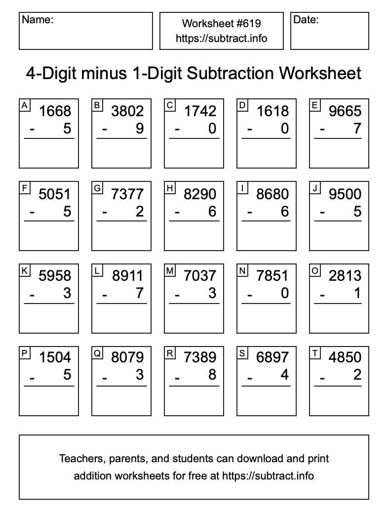 Subtraction Worksheet #619 (4-Digit minus 1-Digit)
