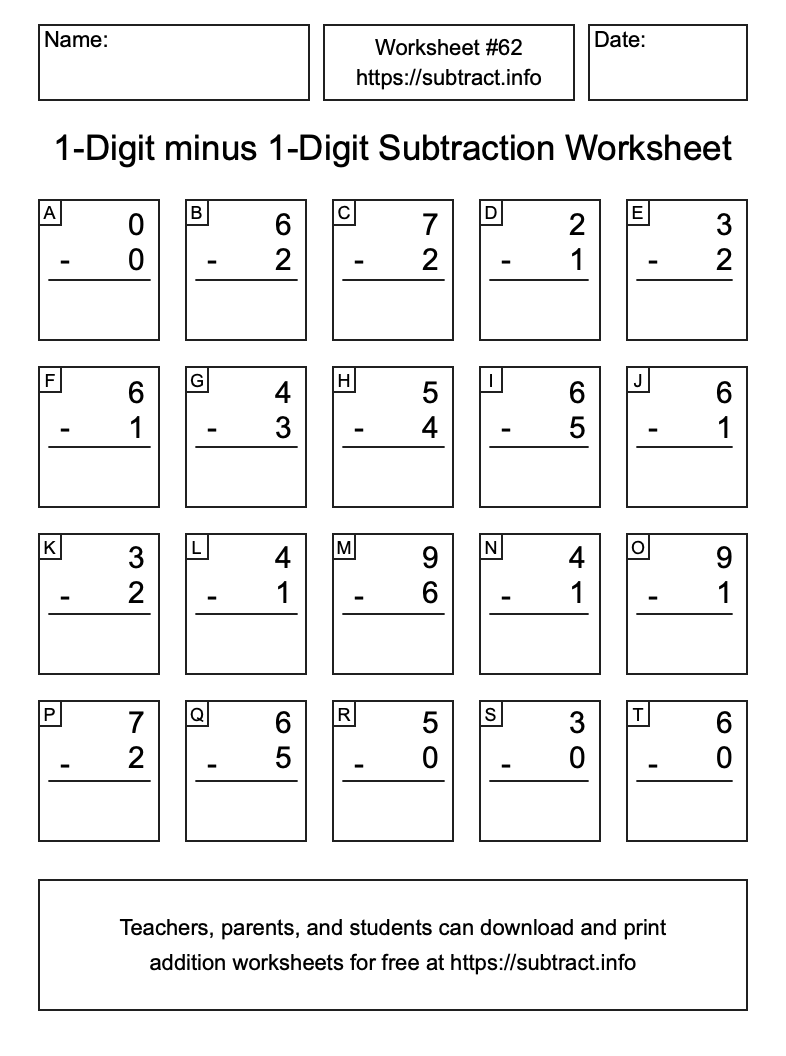 Subtraction Worksheet #62 (1-Digit minus 1-Digit)