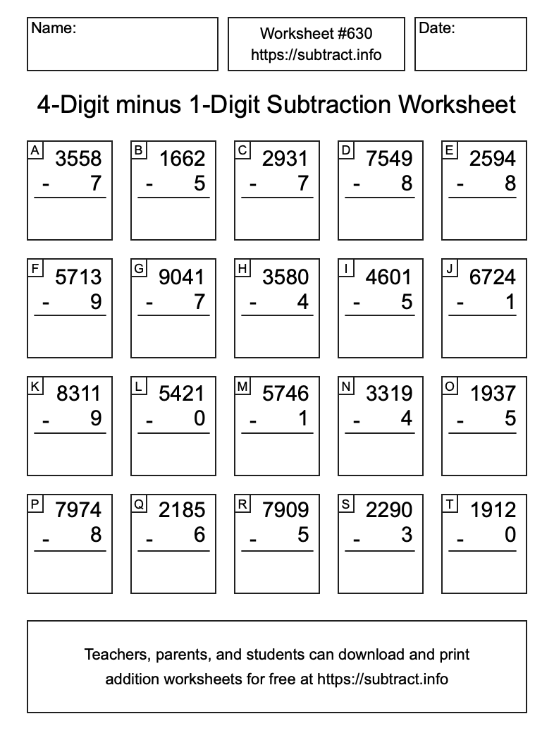 Subtraction Worksheet #630 (4-Digit minus 1-Digit)