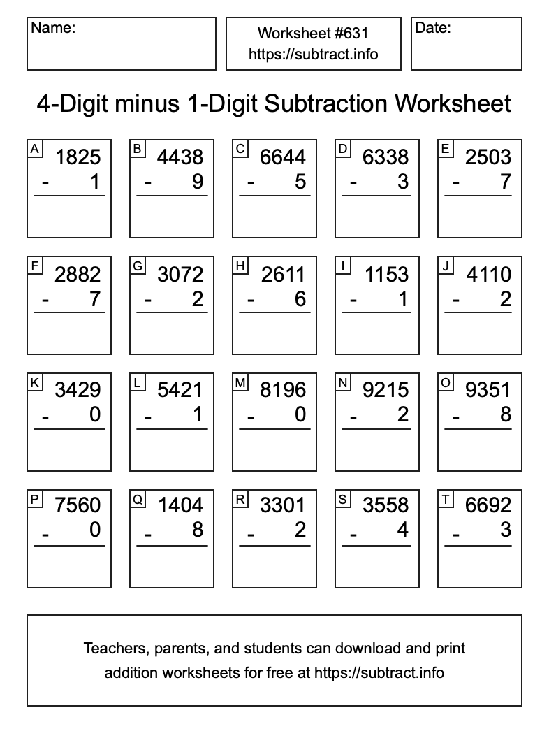 Subtraction Worksheet #631 (4-Digit minus 1-Digit)