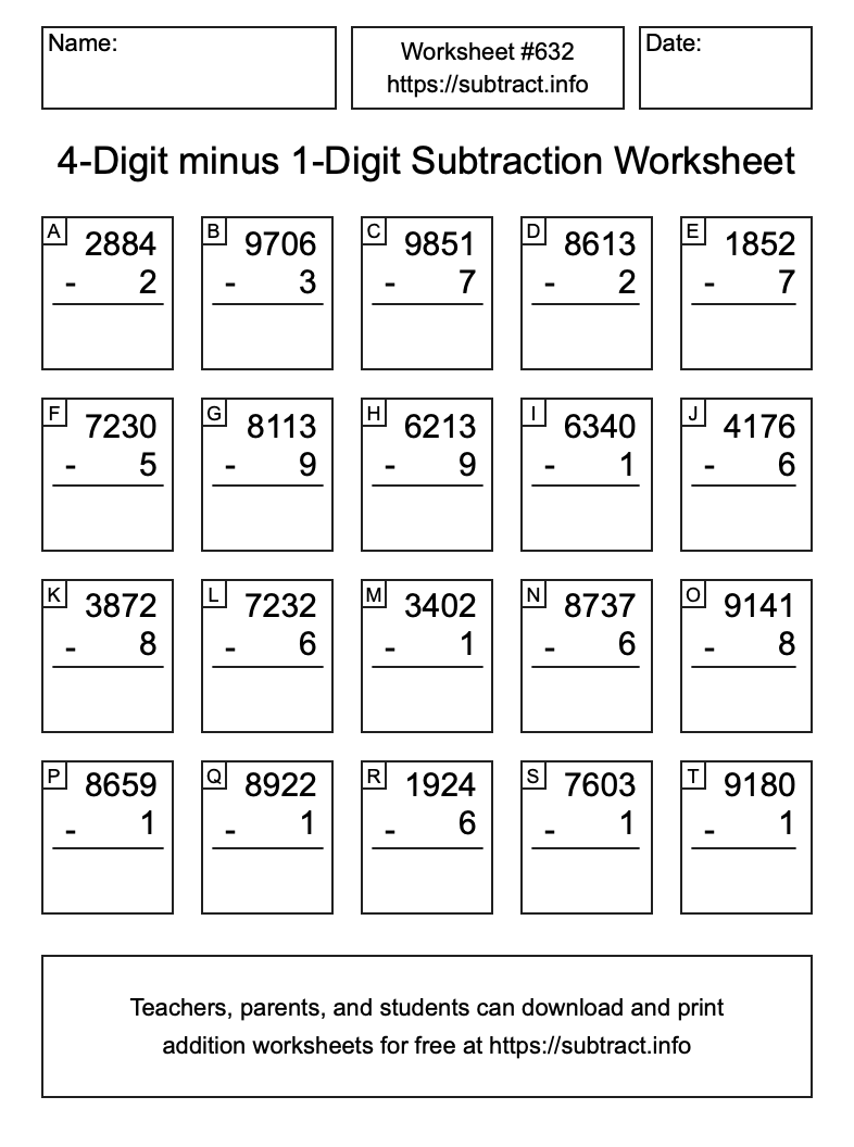 Subtraction Worksheet #632 (4-Digit minus 1-Digit)
