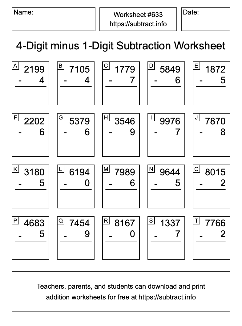 Subtraction Worksheet #633 (4-Digit minus 1-Digit)