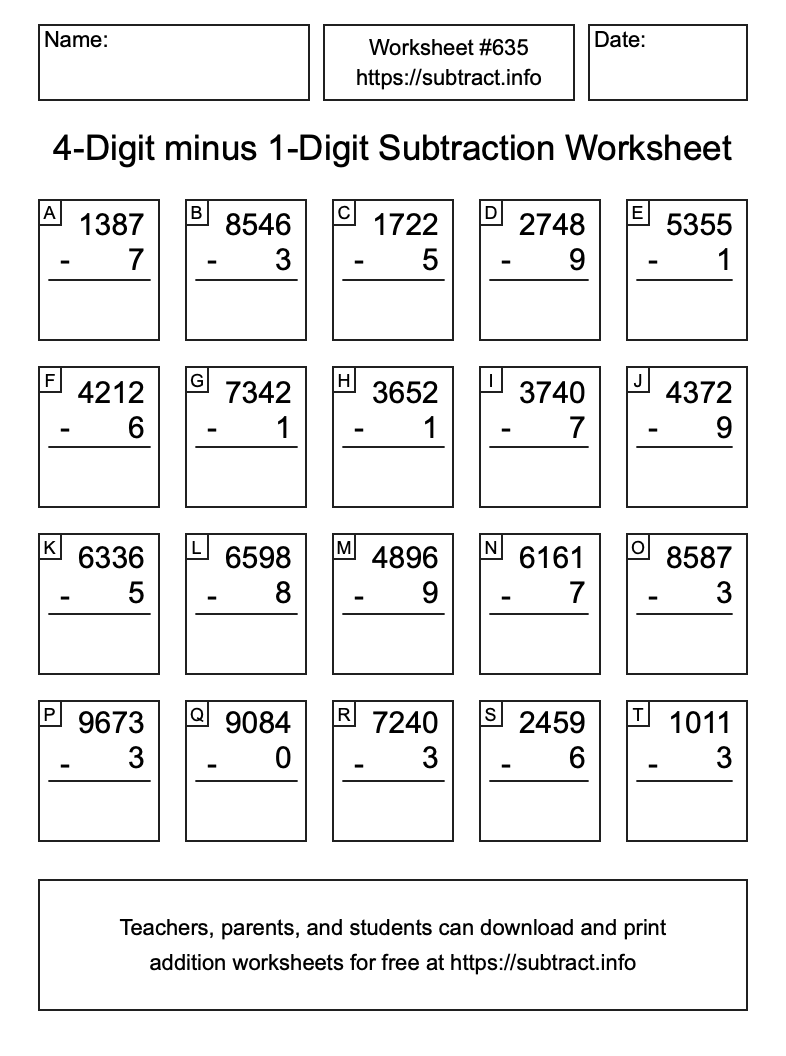 Subtraction Worksheet #635 (4-Digit minus 1-Digit)