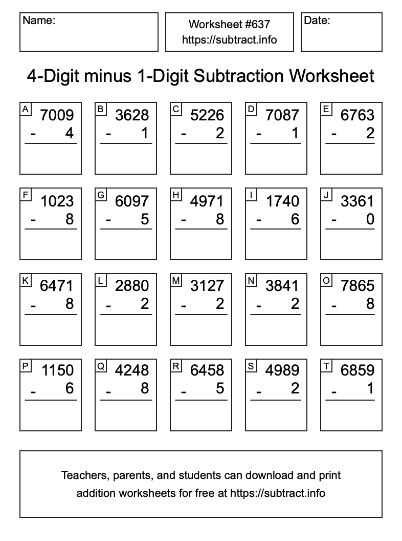 Subtraction Worksheet #637 (4-Digit minus 1-Digit)