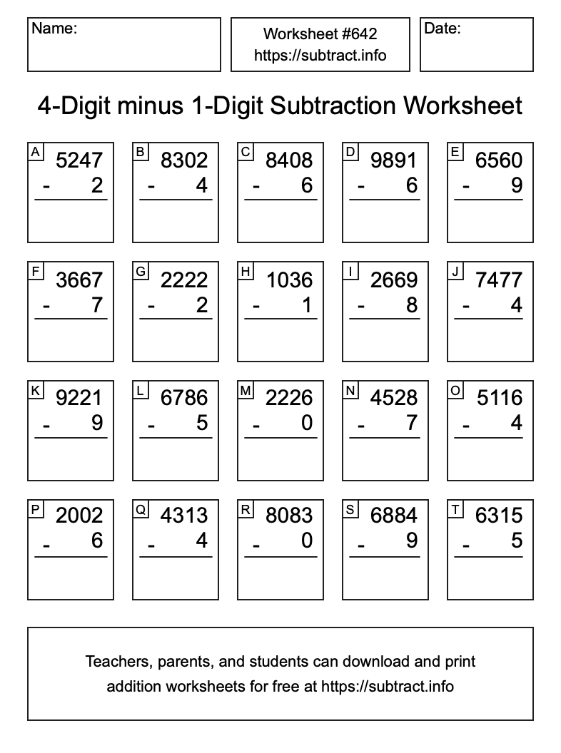Subtraction Worksheet #642 (4-Digit minus 1-Digit)