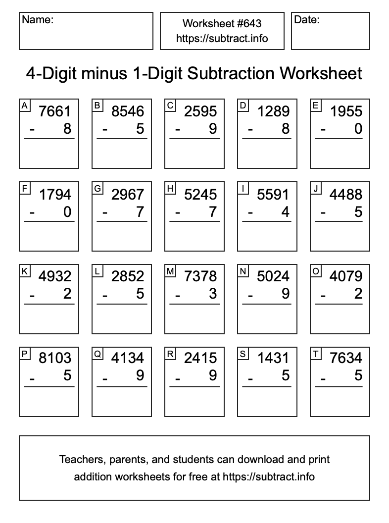 Subtraction Worksheet #643 (4-Digit minus 1-Digit)
