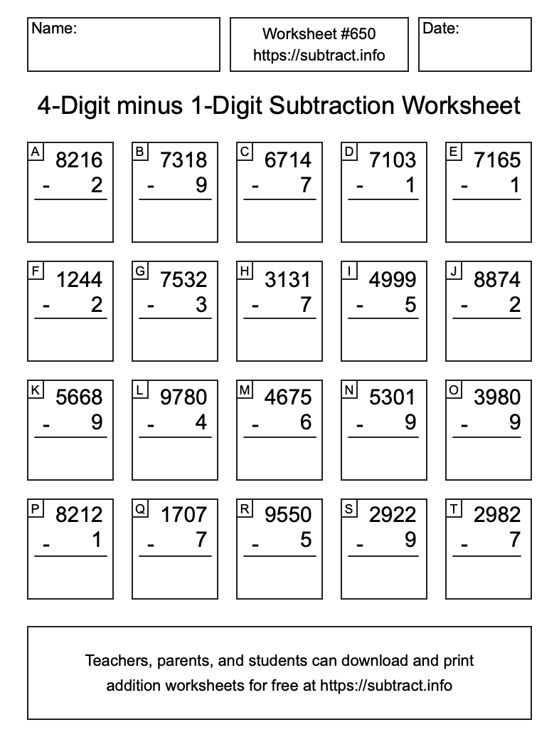 Subtraction Worksheet #650 (4-Digit minus 1-Digit)