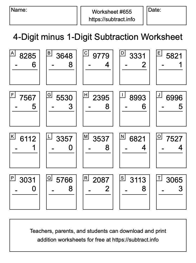 Subtraction Worksheet #655 (4-Digit minus 1-Digit)