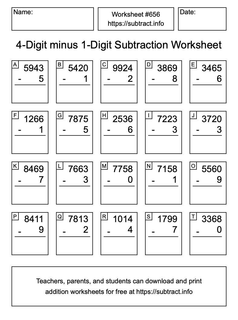 Subtraction Worksheet #656 (4-Digit minus 1-Digit)
