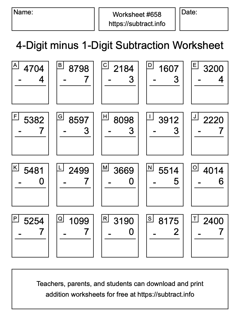 Subtraction Worksheet #658 (4-Digit minus 1-Digit)