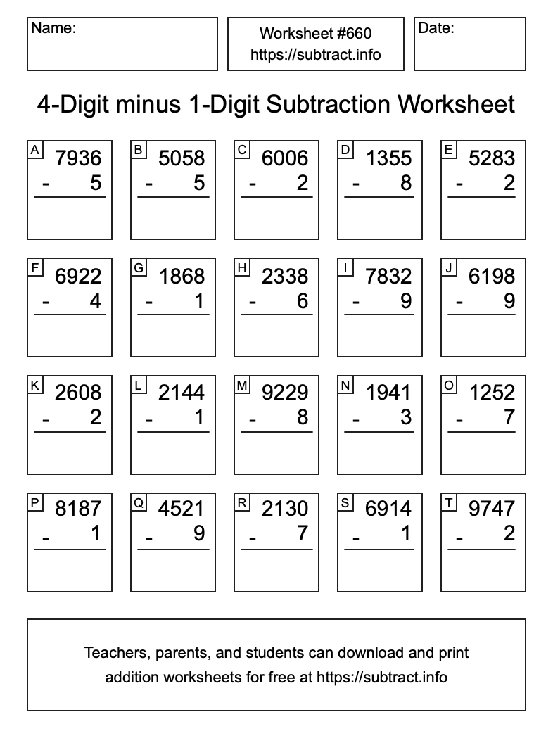 Subtraction Worksheet #660 (4-Digit minus 1-Digit)
