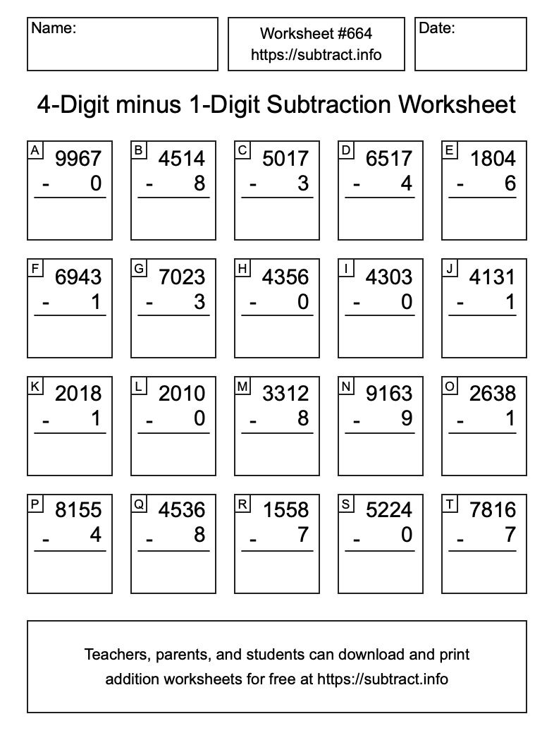 Subtraction Worksheet #664 (4-Digit minus 1-Digit)
