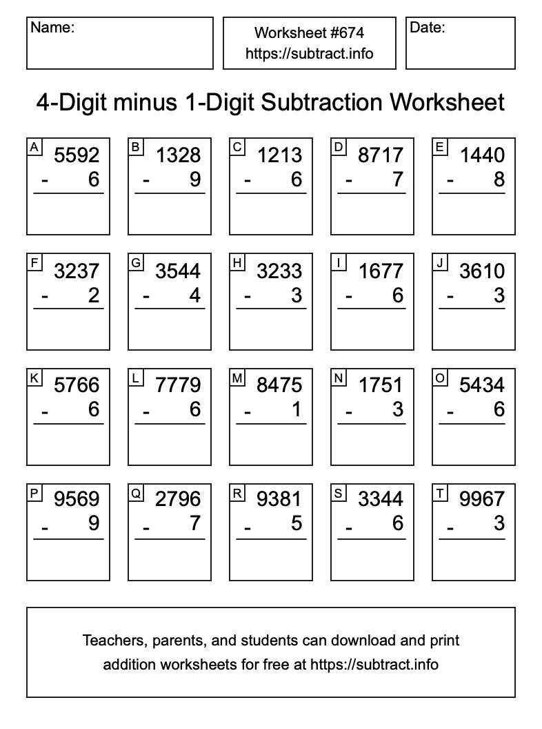 Subtraction Worksheet #674 (4-Digit minus 1-Digit)