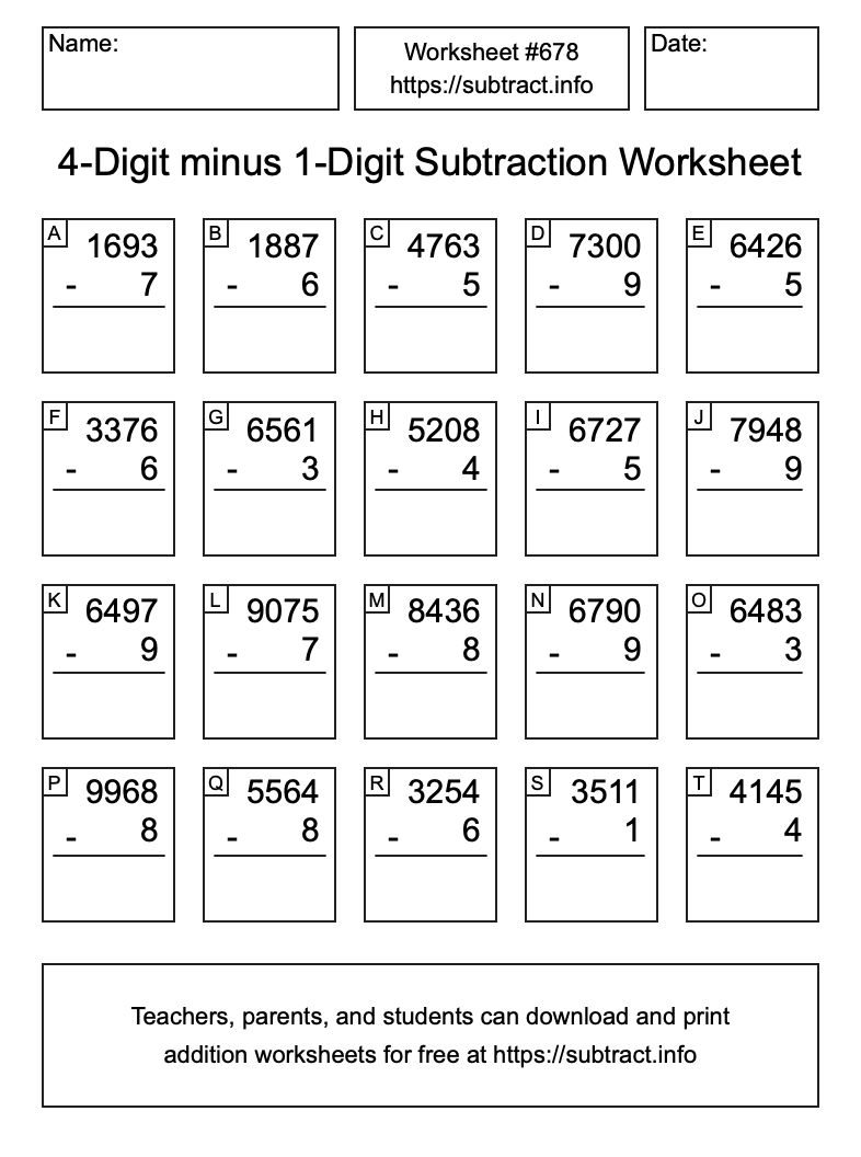 Subtraction Worksheet #678 (4-Digit minus 1-Digit)