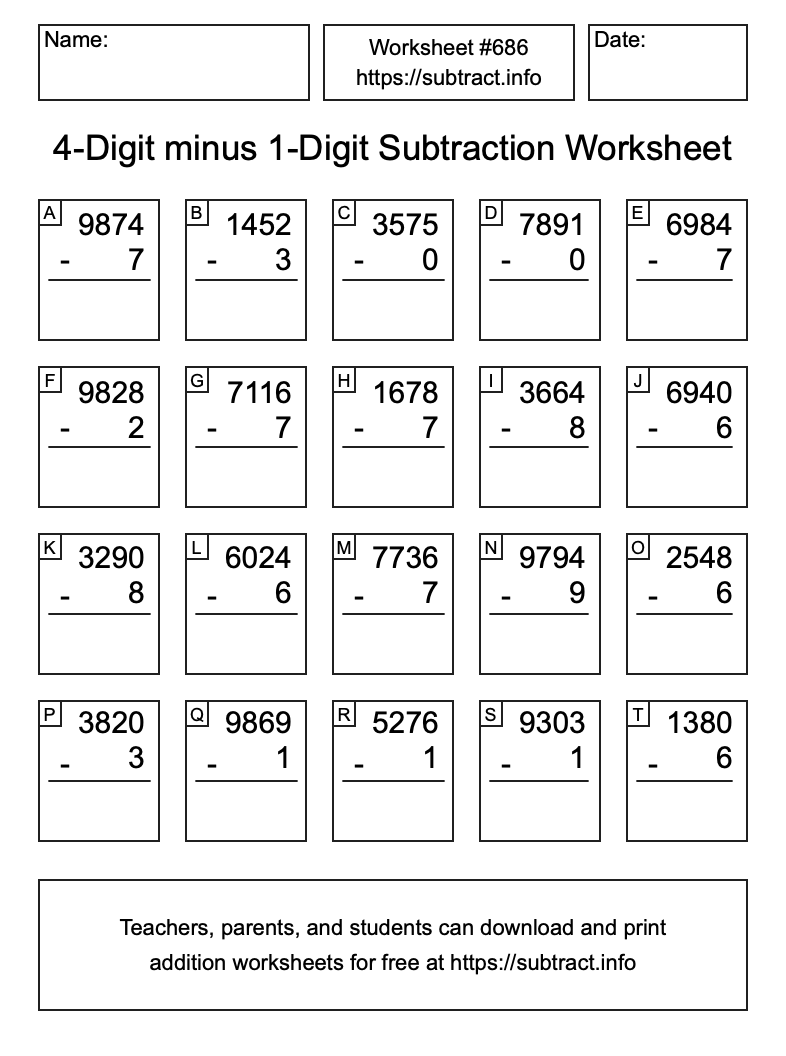 Subtraction Worksheet #686 (4-Digit minus 1-Digit)