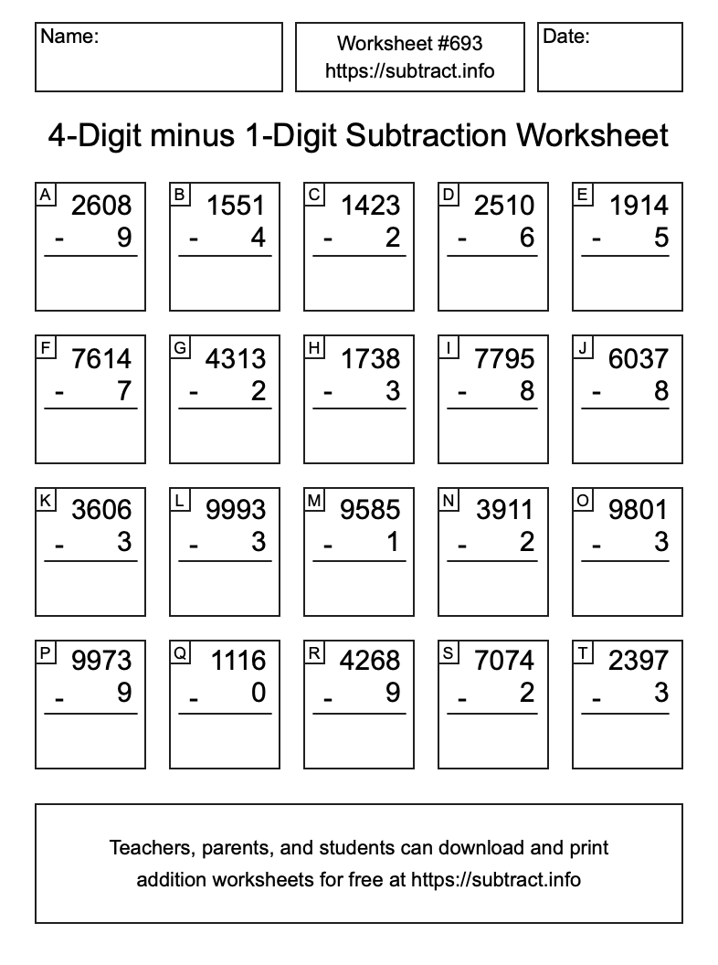 Subtraction Worksheet #693 (4-Digit minus 1-Digit)