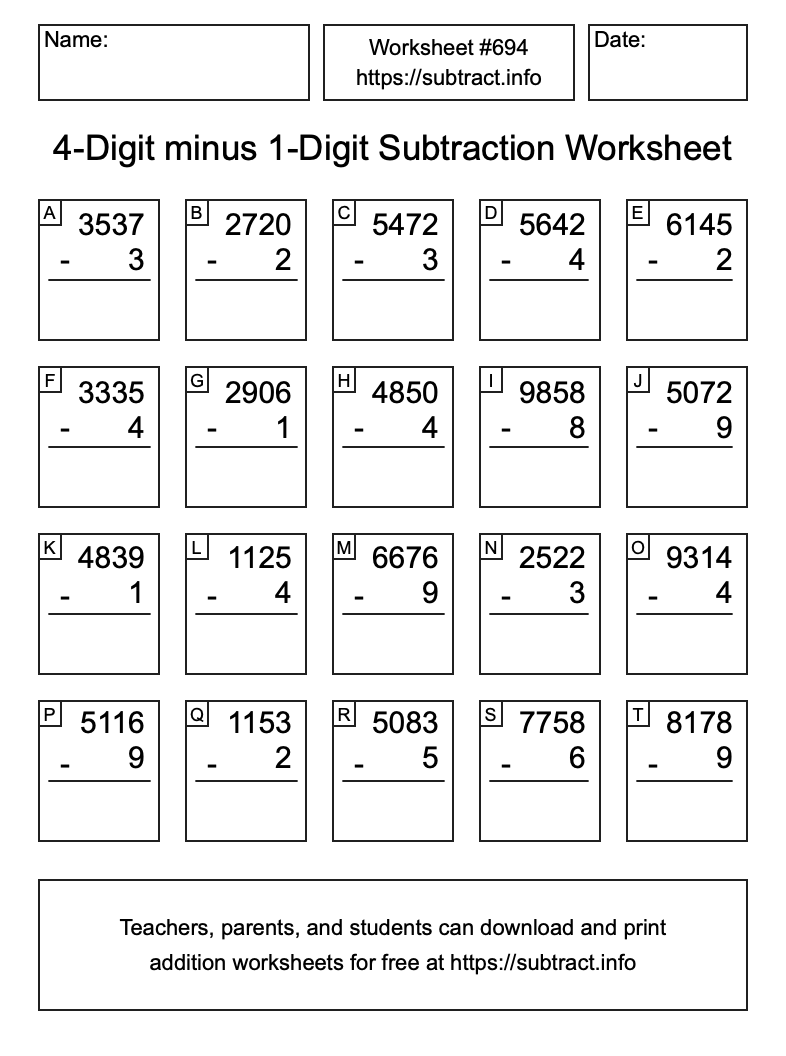 Subtraction Worksheet #694 (4-Digit minus 1-Digit)