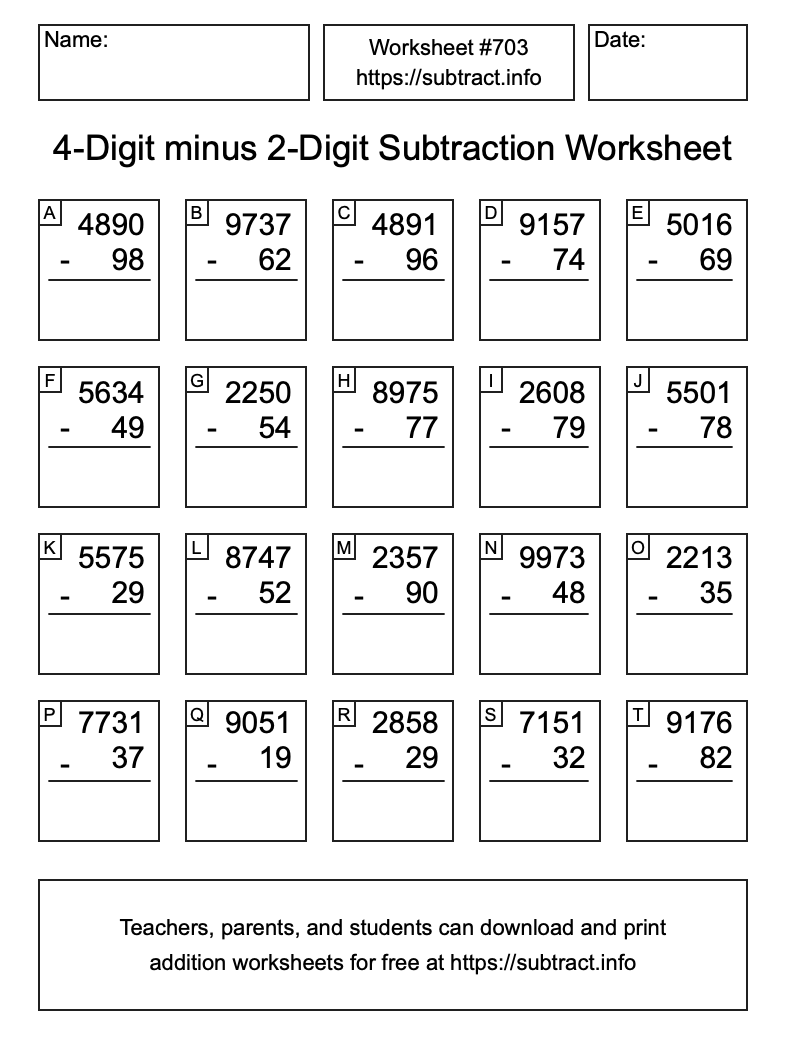 Subtraction Worksheet #703 (4-Digit minus 2-Digit)