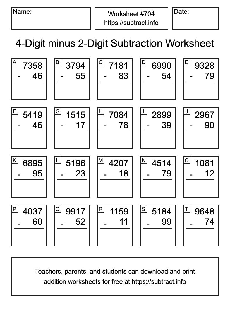 Subtraction Worksheet #704 (4-Digit minus 2-Digit)