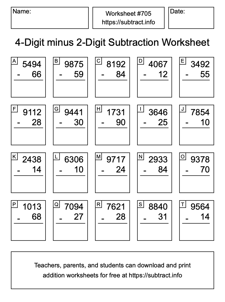 Subtraction Worksheet #705 (4-Digit minus 2-Digit)