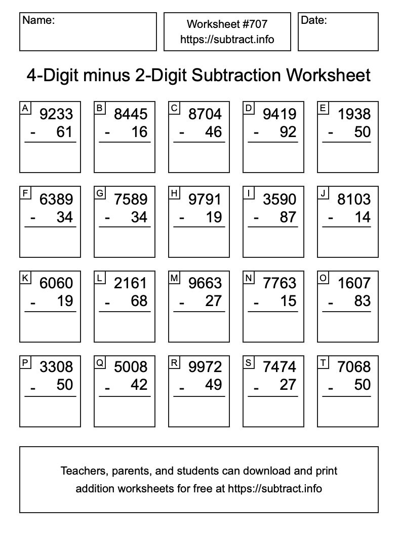 Subtraction Worksheet #707 (4-Digit minus 2-Digit)