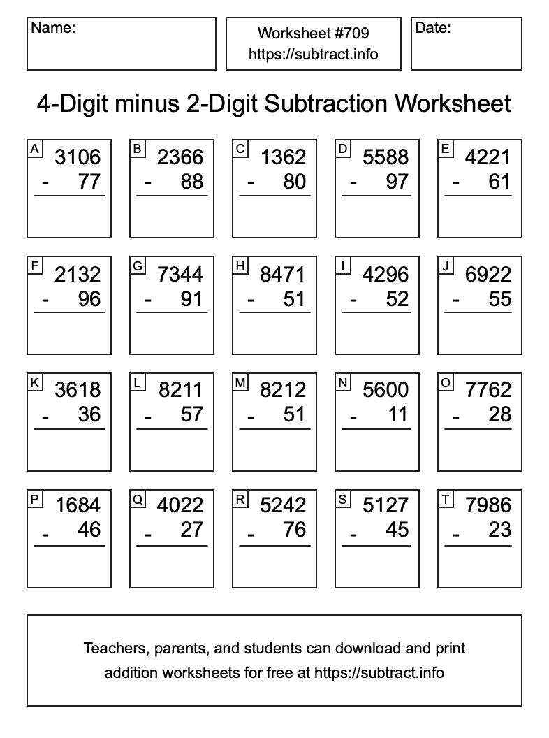 Subtraction Worksheet #709 (4-Digit minus 2-Digit)