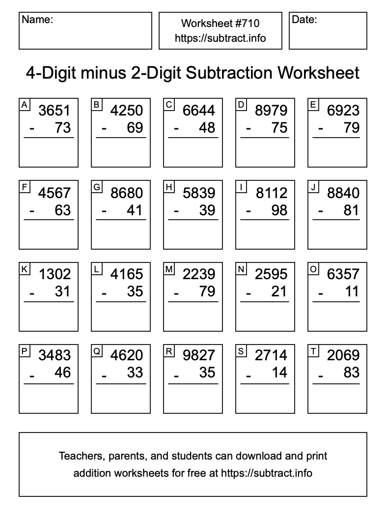 Subtraction Worksheet #710 (4-Digit minus 2-Digit)