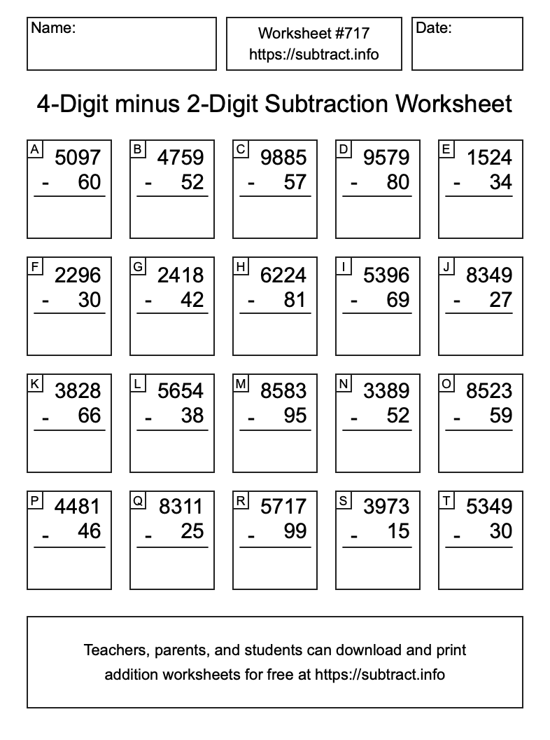 Subtraction Worksheet #717 (4-Digit minus 2-Digit)