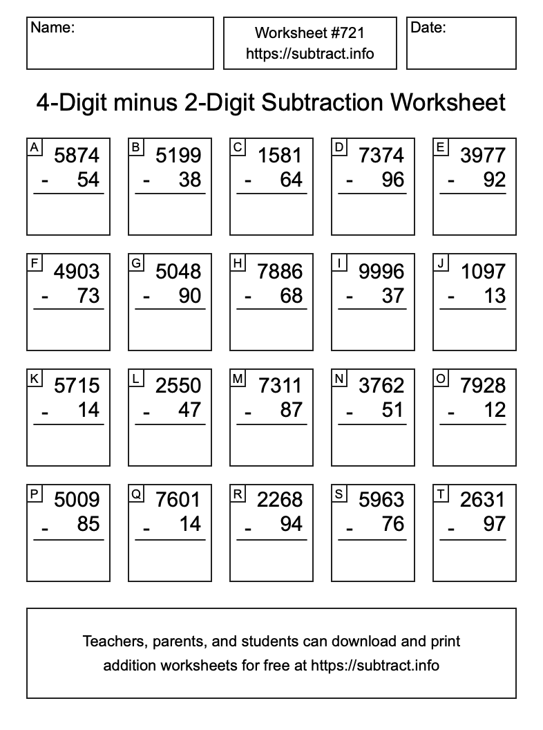 Subtraction Worksheet #721 (4-Digit minus 2-Digit)