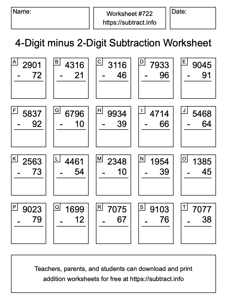 Subtraction Worksheet #722 (4-Digit minus 2-Digit)
