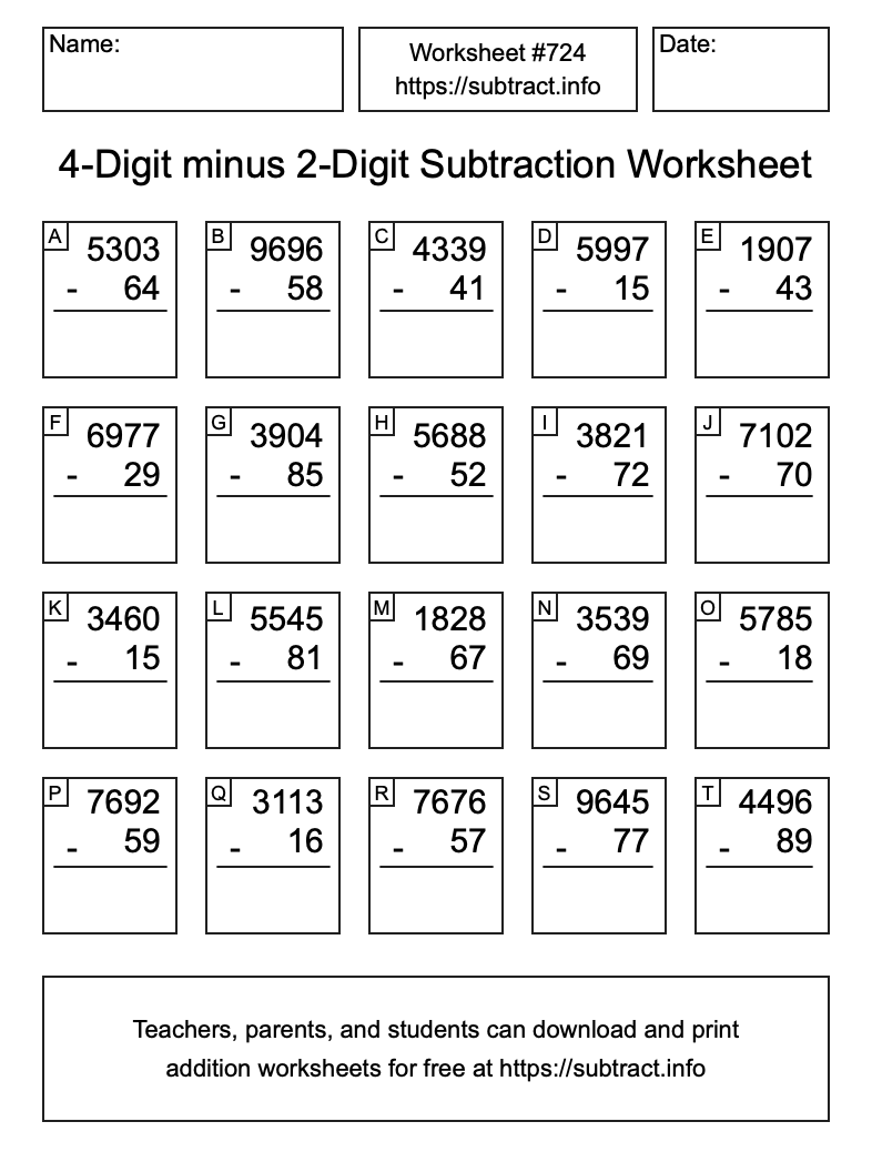 Subtraction Worksheet #724 (4-Digit minus 2-Digit)
