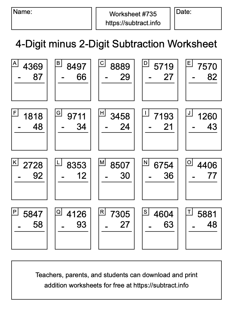 Subtraction Worksheet #735 (4-Digit minus 2-Digit)