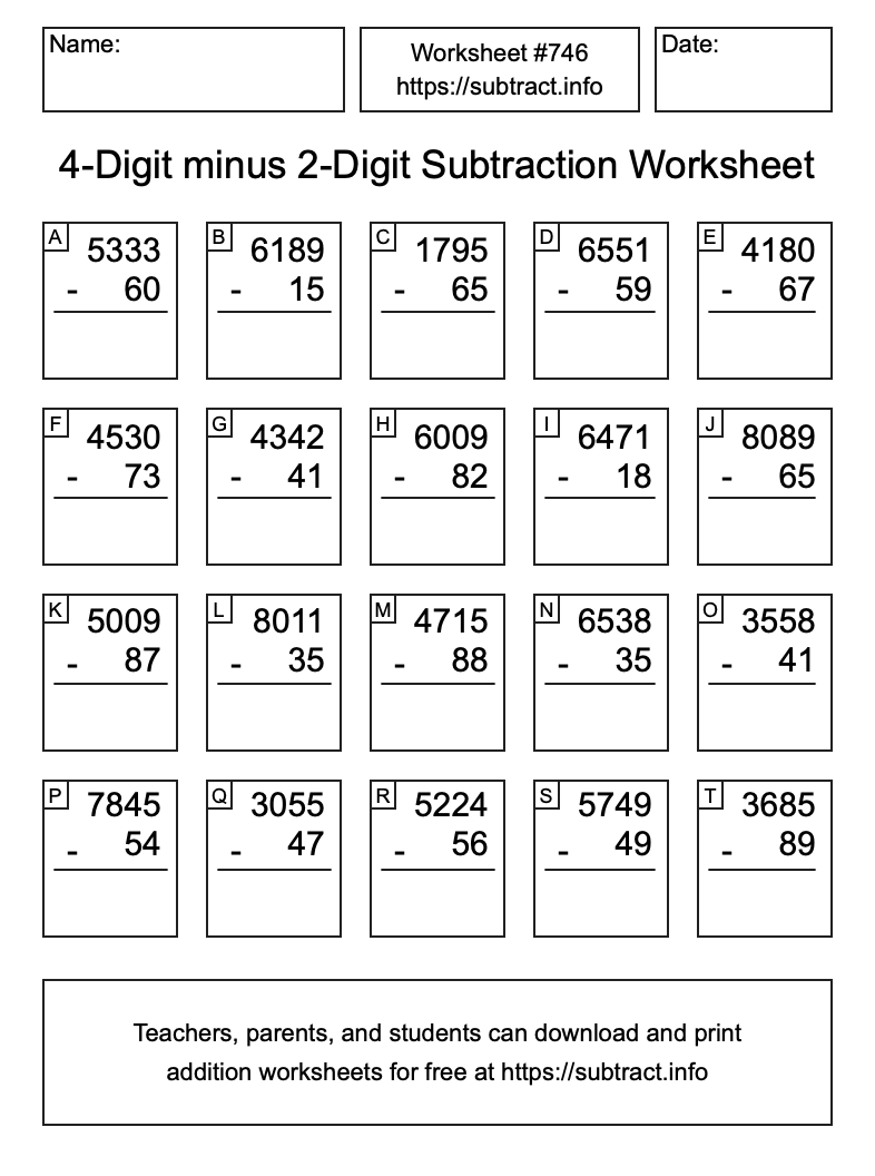Subtraction Worksheet #746 (4-Digit minus 2-Digit)